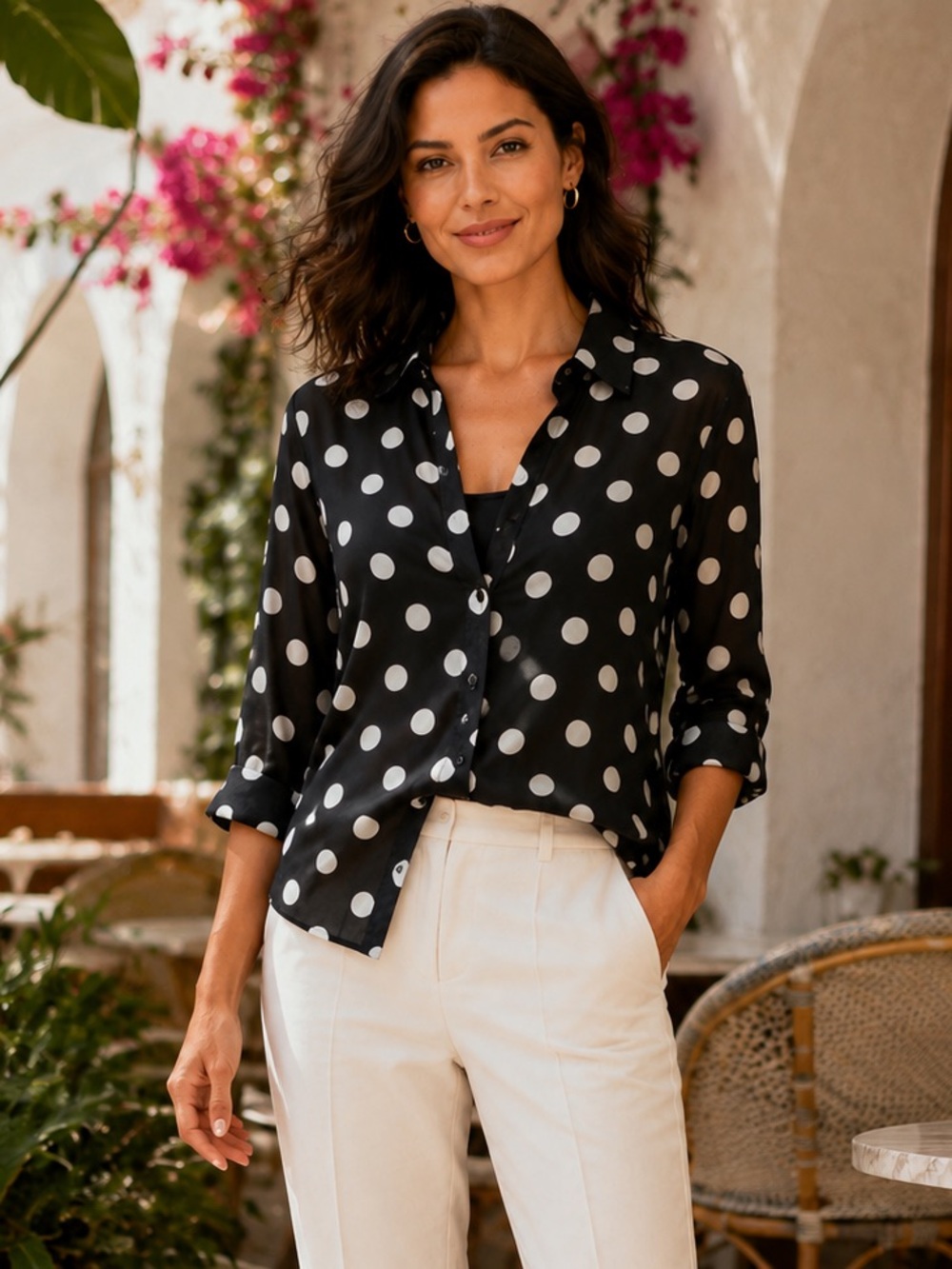 Express Portofino Black and White Polka Dot print Button-Up button down Shirt XS